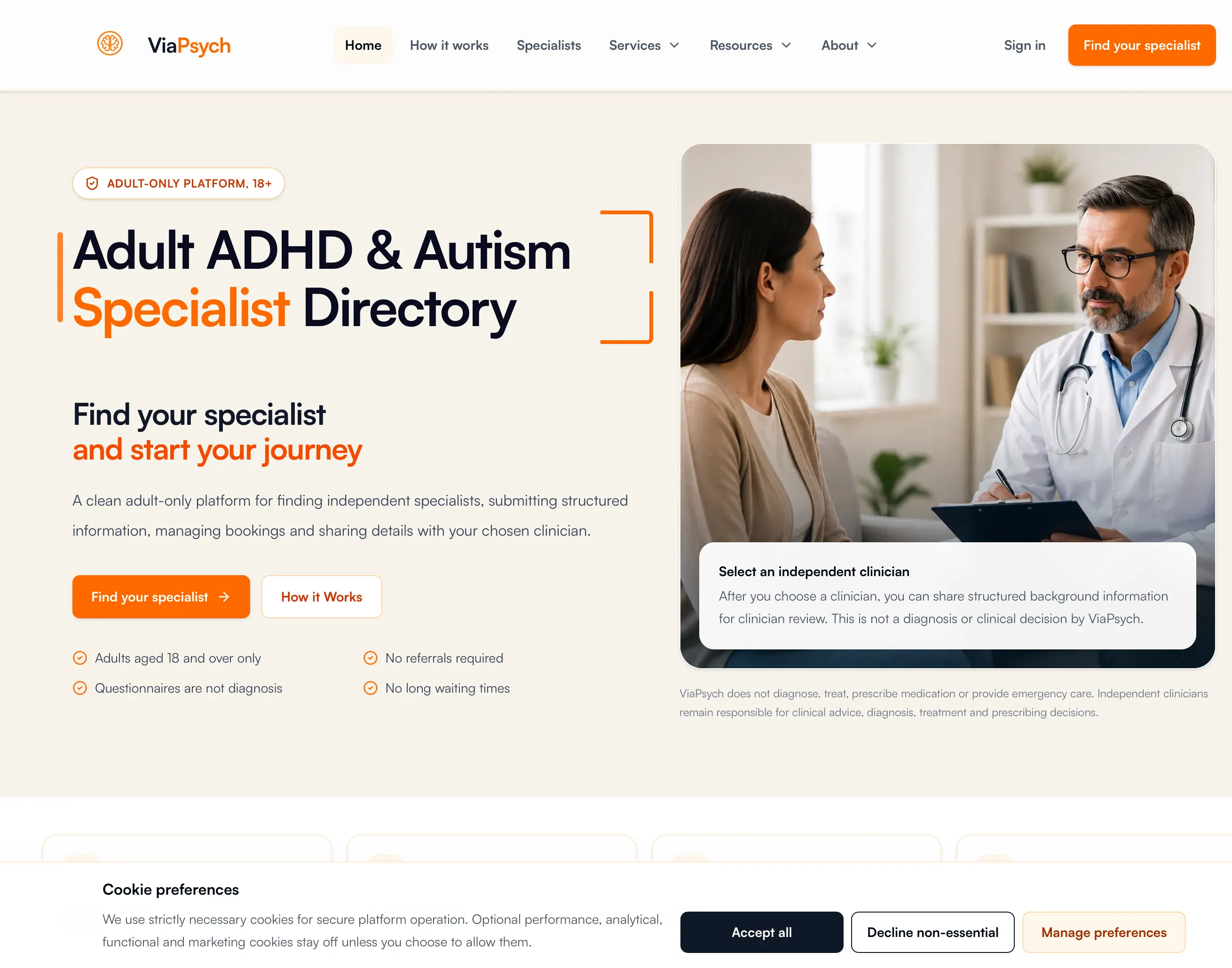 ViaPsych healthcare specialist directory homepage displayed on a desktop screen